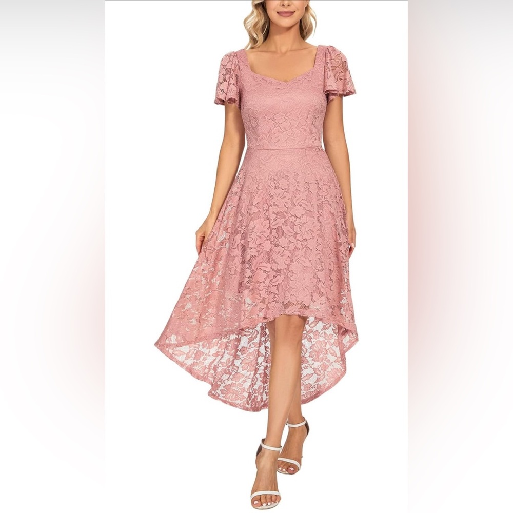 MUADRESS Floral Lace Bridesmaid Party Dress High Low Hem V Neck Formal Dresses